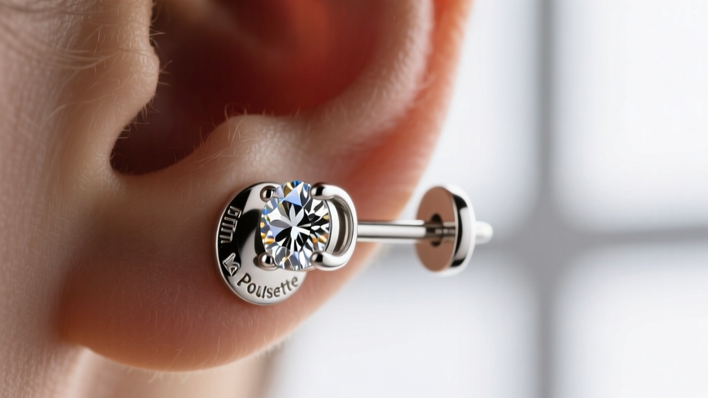 Close-up of a secure La Pousette earring back on a platinum post, supporting a heavy 6mm diamond stud without earlobe drooping.