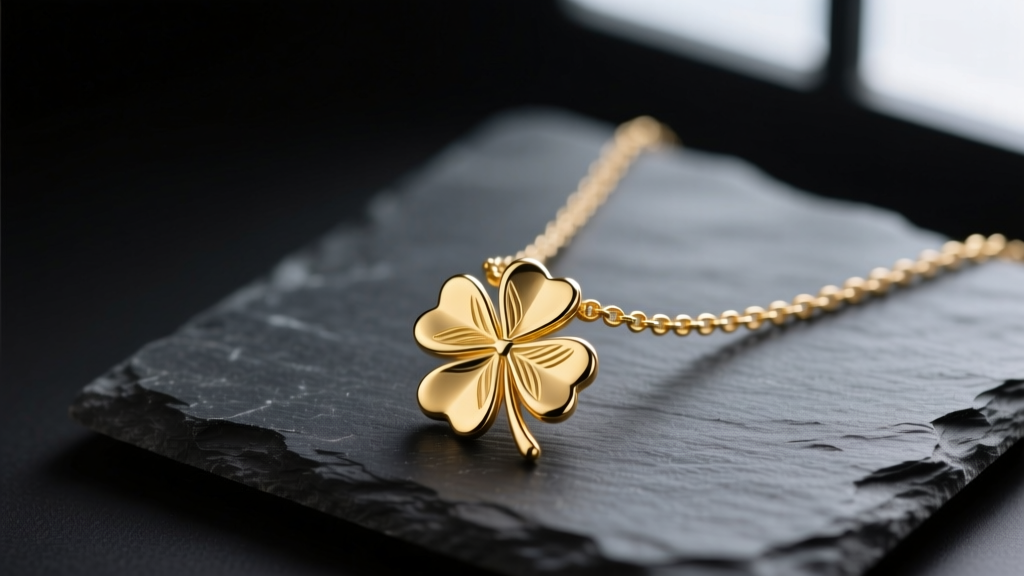 Close-up of an 18k yellow gold four leaf clover necklace on dark slate, soft studio lighting highlighting the polished metal edges.