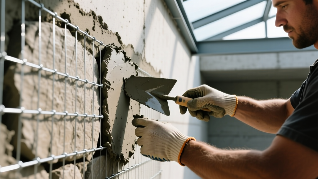Mason applying scratch coat mortar over galvanized wire lath on a concrete foundation wall before installing natural stone veneer panels.