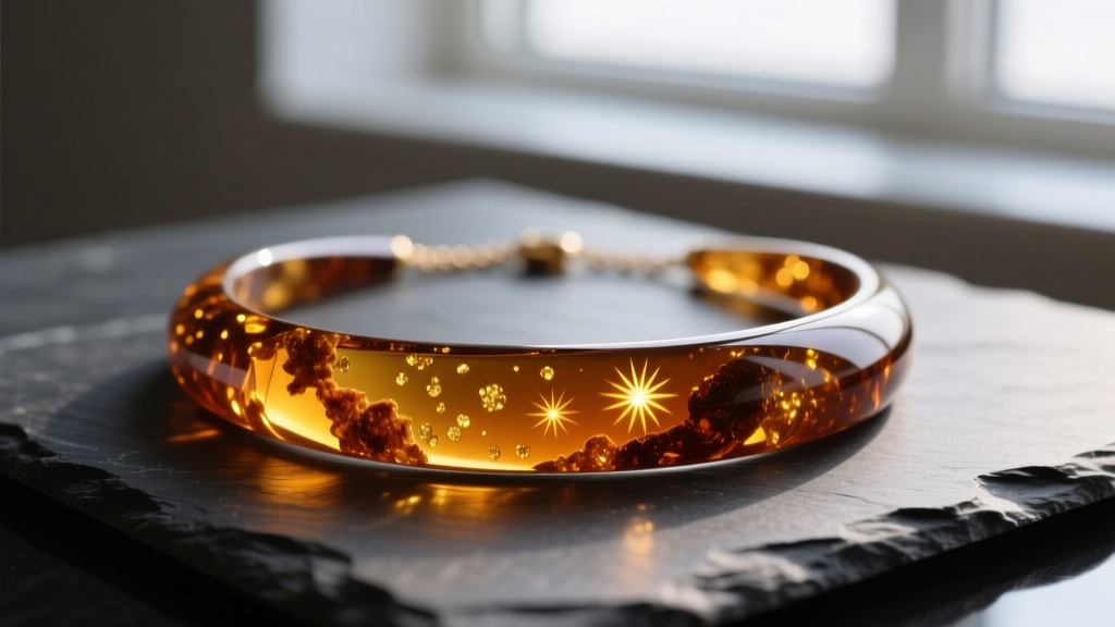 Close-up of a genuine cognac amber baltic necklace on dark slate, highlighting internal sun spangles and natural resin inclusions.