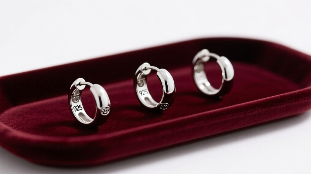 Velvet tray with three silver ball hoop earrings, showing 925 stamps on their hinged clasps under bright, diffused studio lighting.