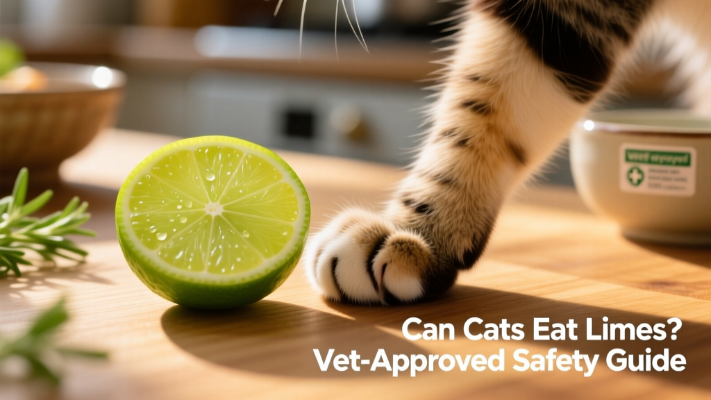 Close-up of a lime slice next to a curious cat’s paw, illustrating the contrast between human food and feline safety
