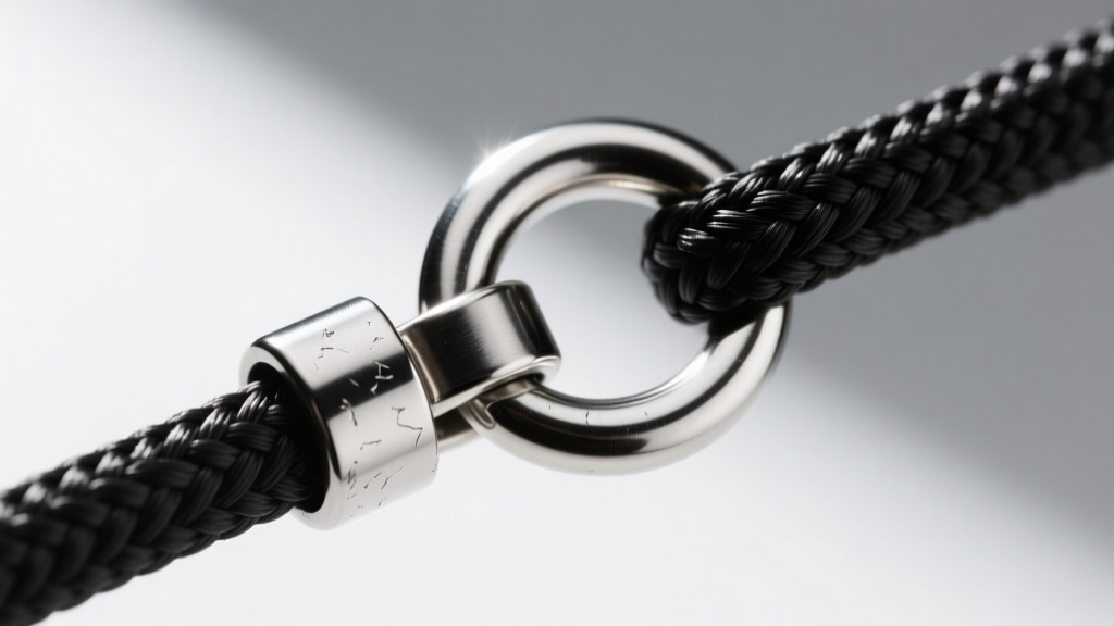 Macro shot of a 316L stainless steel lobster clasp attached to a Kevlar cord, highlighting a seamless jump ring connection