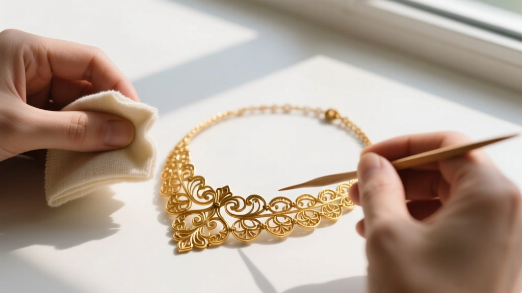 Hands using a soft microfiber cloth and a wooden toothpick to gently clean the intricate gold filigree of a vintage necklace.