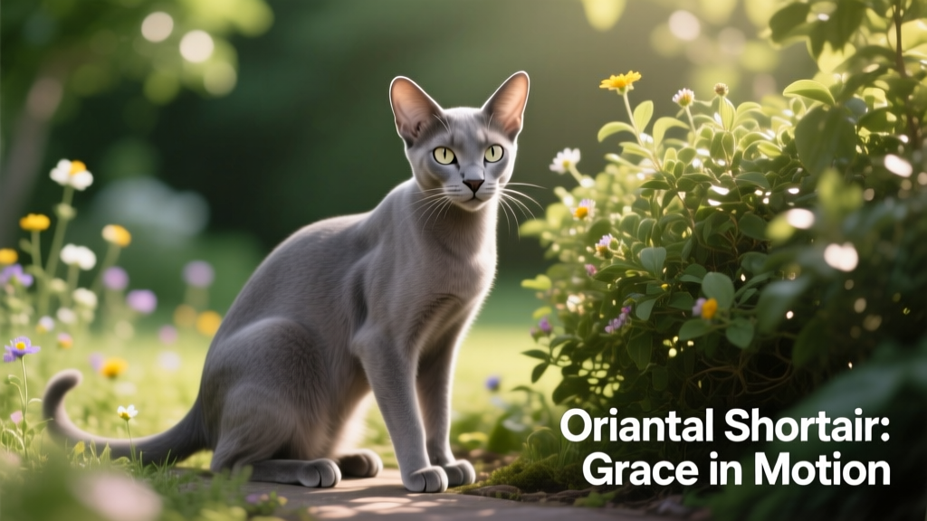 Medium shot of grey oriental shorthair near bush