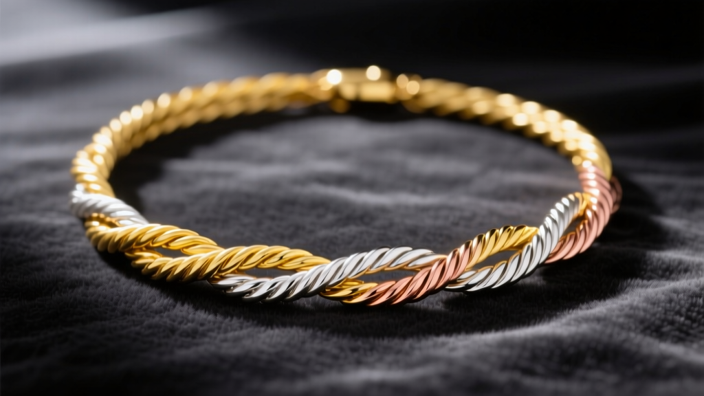 Flat-lay of an 18k tri-color gold rope necklace on dark charcoal velvet, highlighting yellow, white, and rose gold twisted strands.