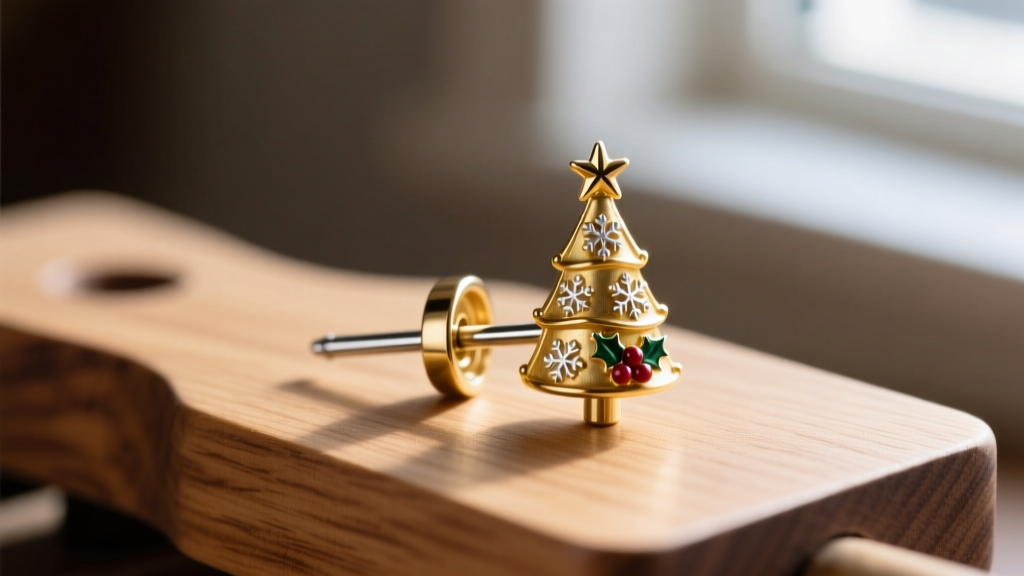 Macro shot of an 18-gauge titanium post attached to a miniature gold holiday tree earring cap on a wooden jeweler's workbench.