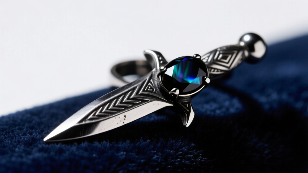 Macro shot of a 14-gauge blackened silver dagger ear cuff with an onyx gem, resting on dark velvet with sharp dramatic shadows