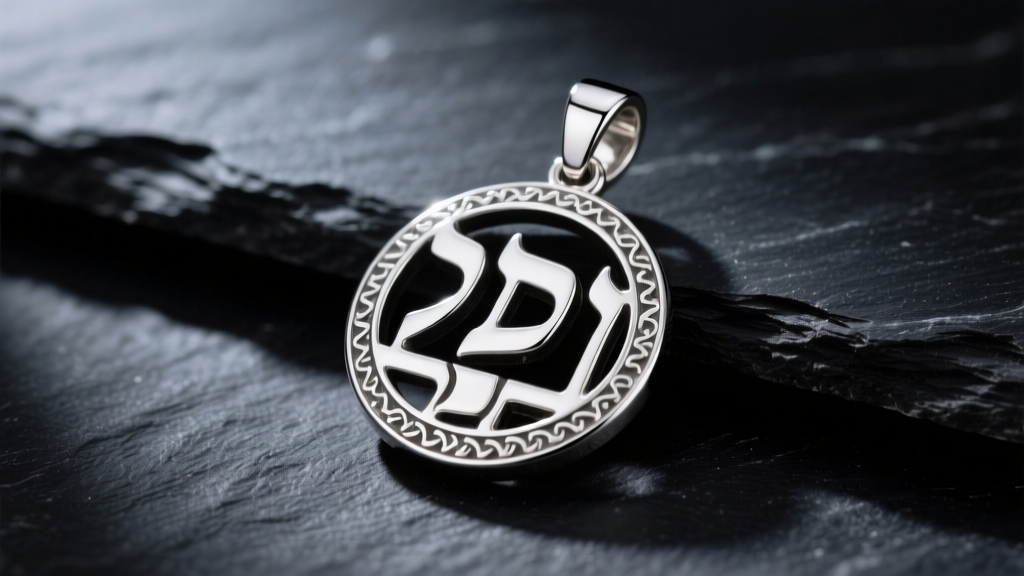Close-up of a polished 925 sterling silver Yahweh pendant with Hebrew letters, resting on dark slate under soft studio lighting.