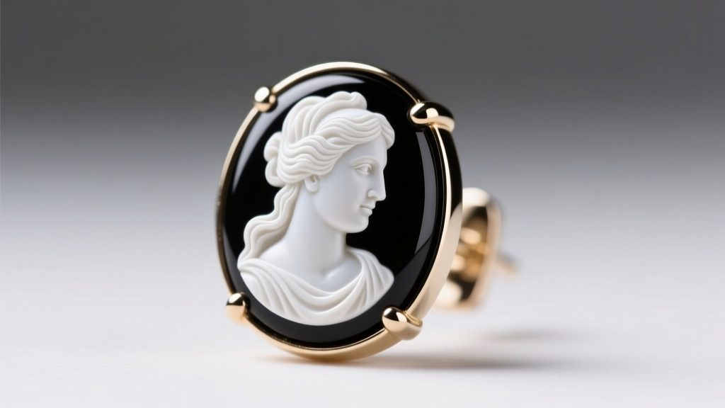 Close-up of a 14k white gold cameo earring with carved black onyx and a white relief portrait, under soft studio lighting