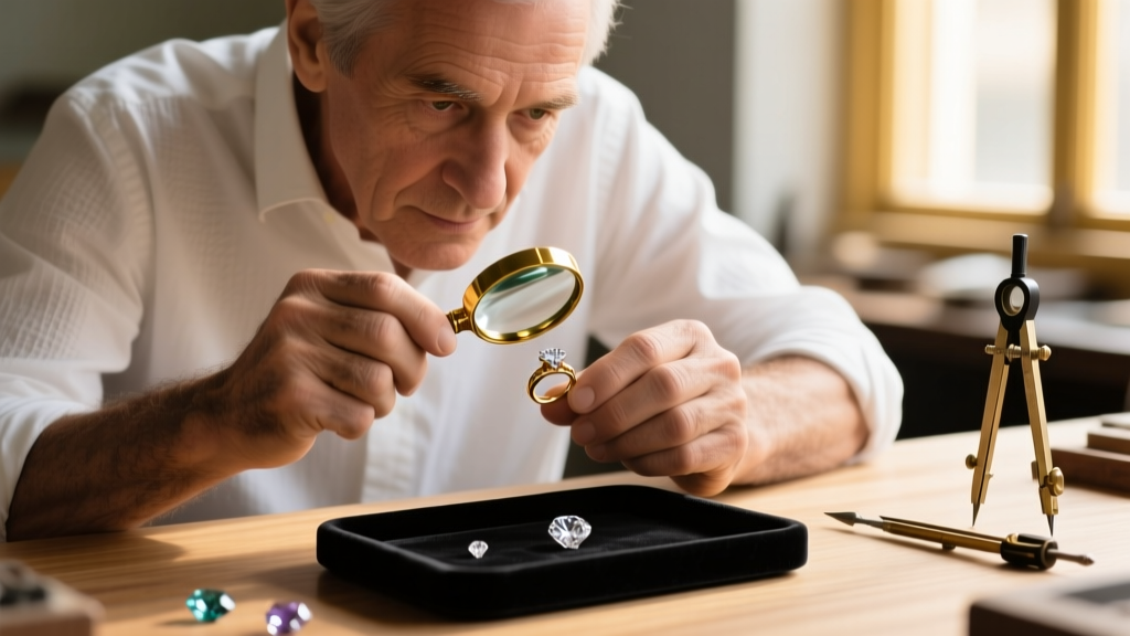 Close-up of a jeweler's loupe inspecting the cross-hatched aragonite crystalline structure of a raw queen conch shell fragment.