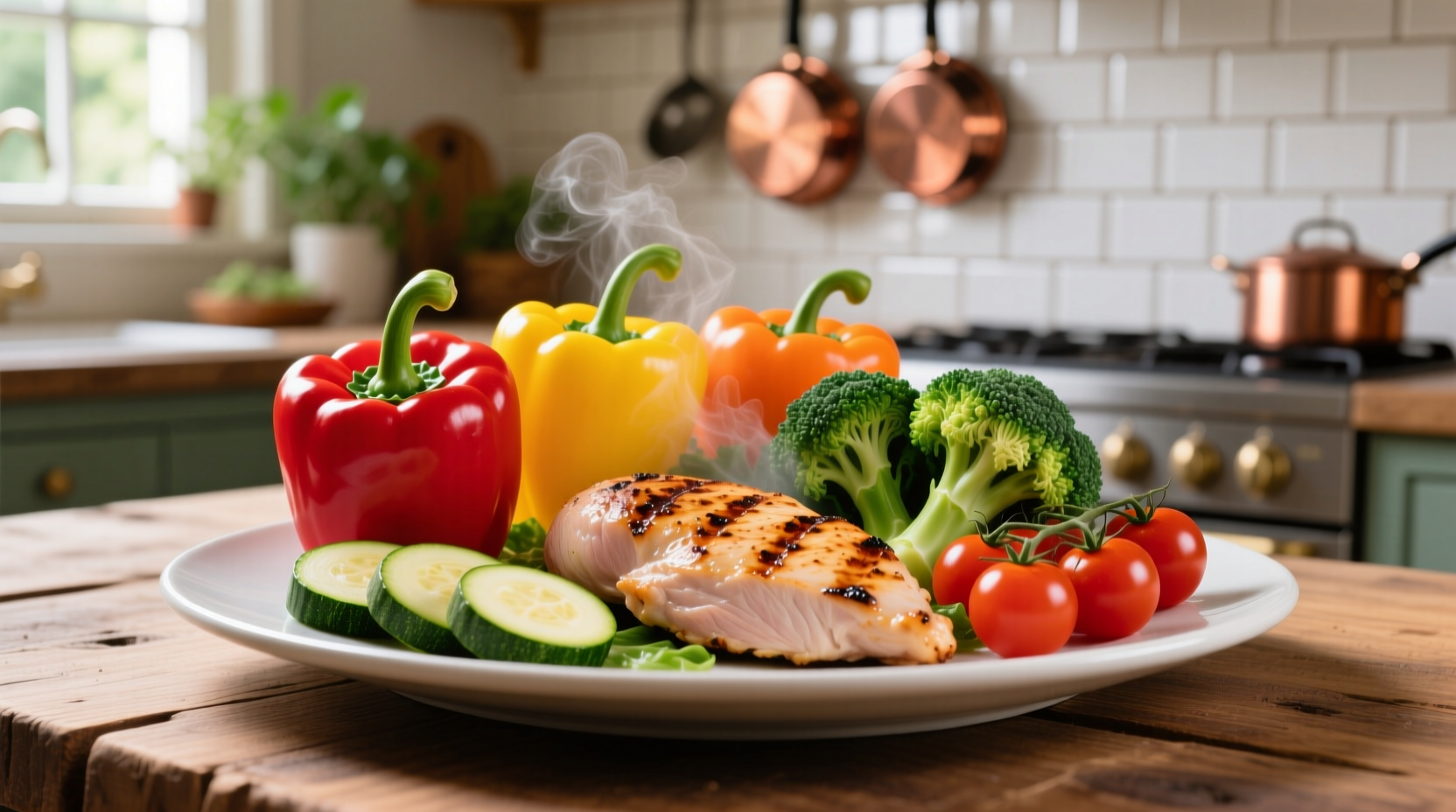 Colorful plate of vegetables and lean protein