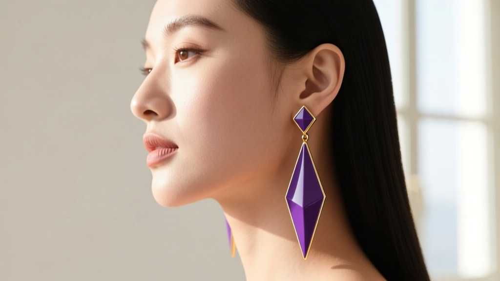 Side profile of a woman with a round face wearing long geometric purple enamel and gold dangle earrings that elongate her jawline