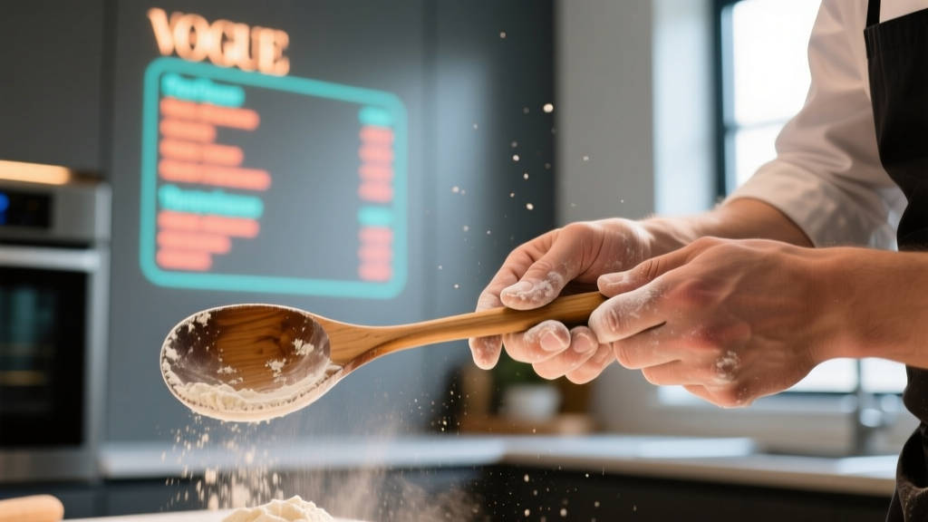 Close-up of a chef flour-dusted hands interacting with a wooden spoon while a projected recipe menu glows clearly on the kitchen wall in the background