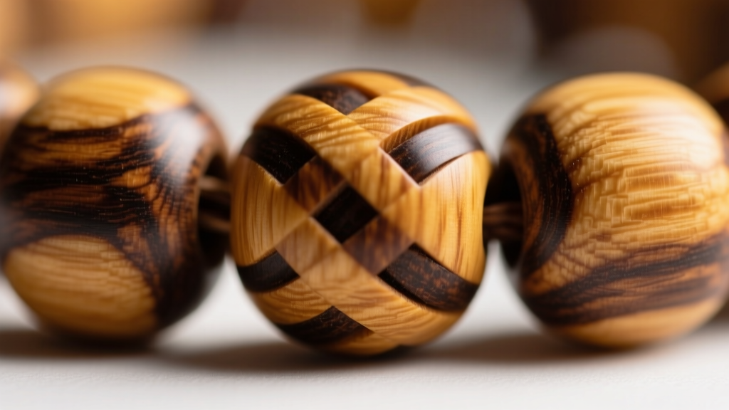 Macro photography of sustainable mango wood beads showing interlocking grain patterns with golden-brown and dark-streaked textures