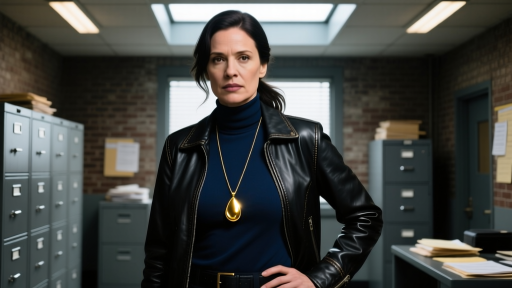 Female detective in a navy turtleneck and leather jacket, wearing a long gold teardrop pendant necklace in a dimly lit precinct