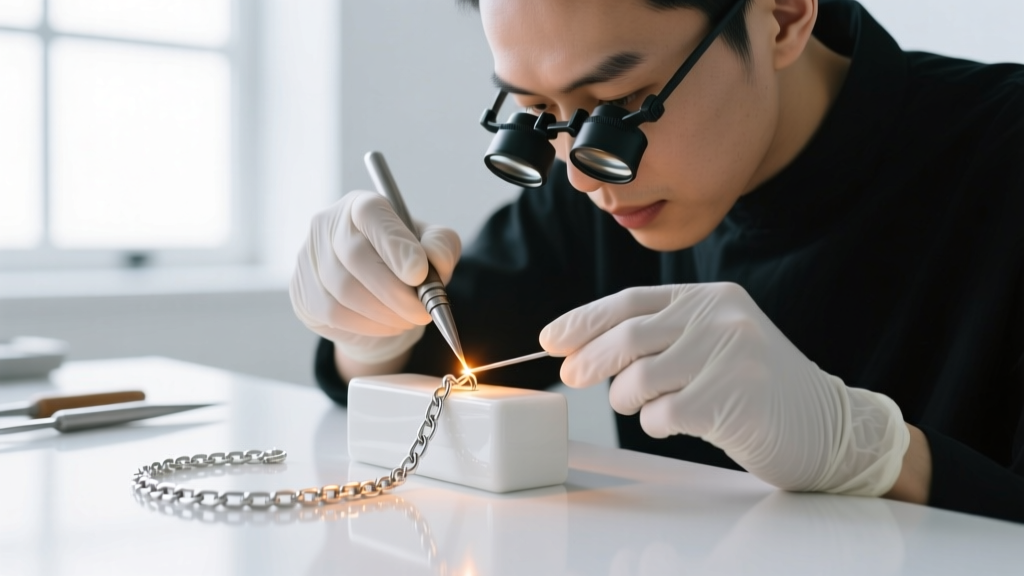 Jeweler in magnifying loupes welding a 3mm jump ring on a 316L stainless chain using a white ceramic shield in a bright studio.