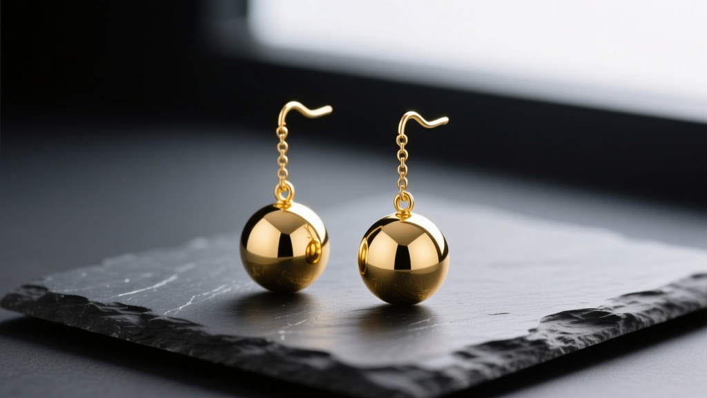 Polished 18k yellow gold ball drop earrings on dark slate, lit by soft studio lighting to highlight spherical metal reflections.