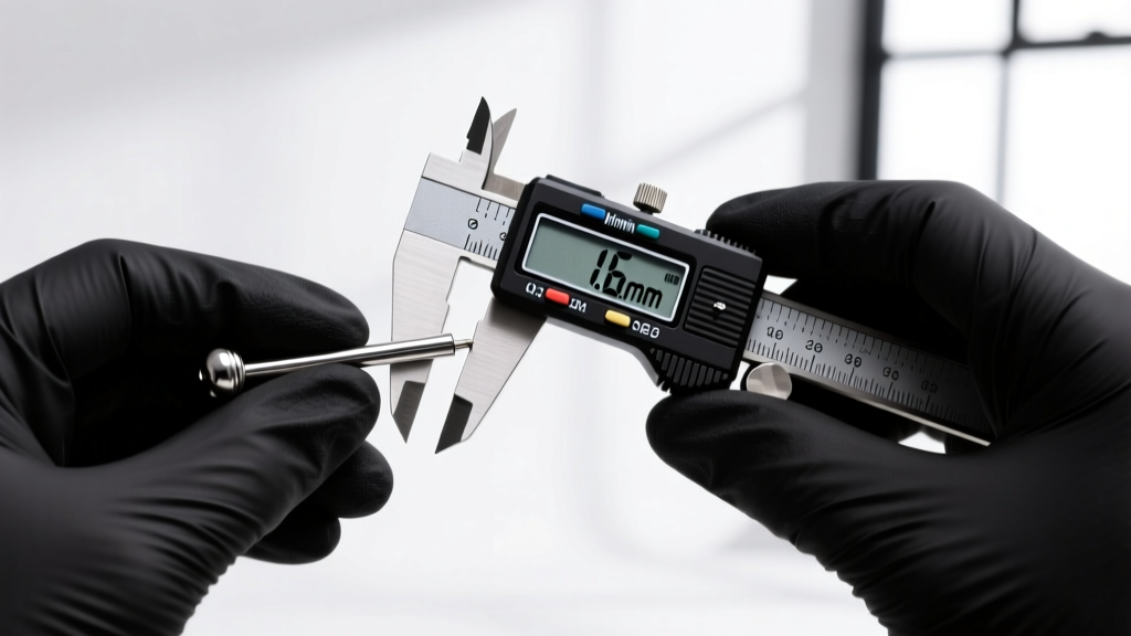 Piercer in black nitrile gloves using a digital caliper to measure the exact millimeter thickness of a titanium 16-gauge barbell