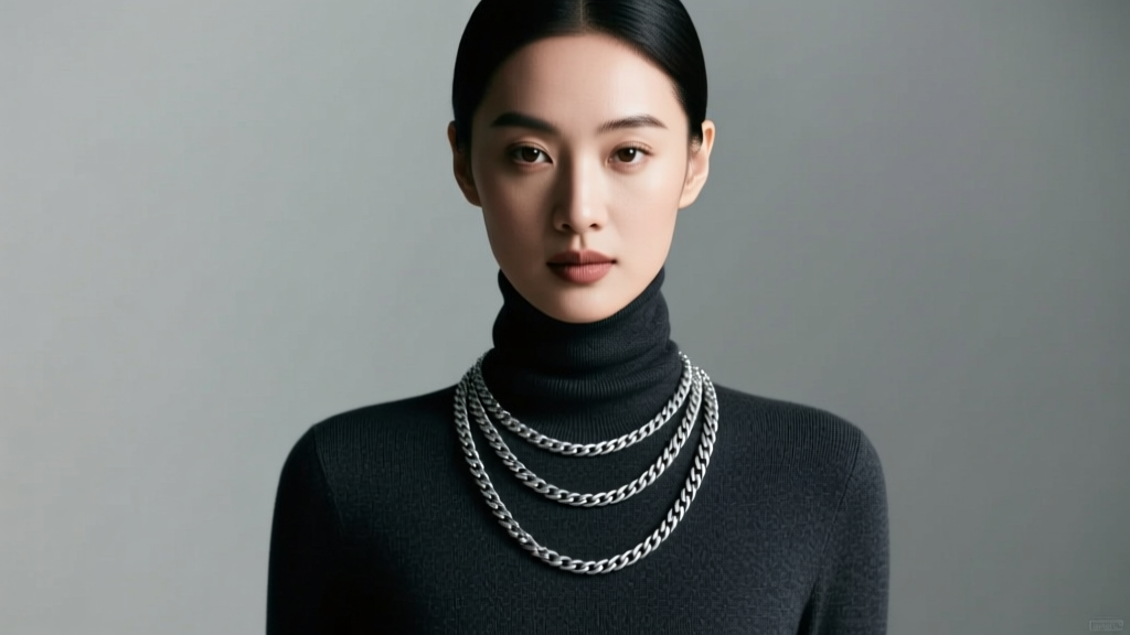 Woman wearing an 18-inch silver S-link necklace layered with a 20-inch cable chain over a dark sweater in soft studio lighting.