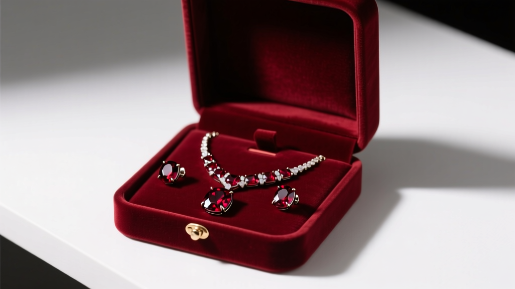 Velvet display box holding a matched red garnet necklace and stud earring set, illuminated by soft directional studio lighting.