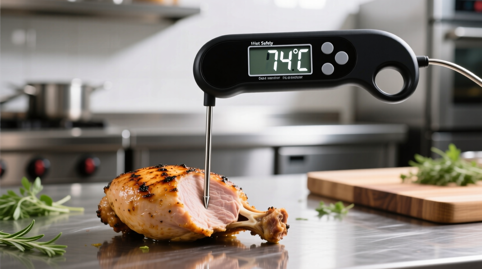 Food safety thermometer measuring hot food temperature