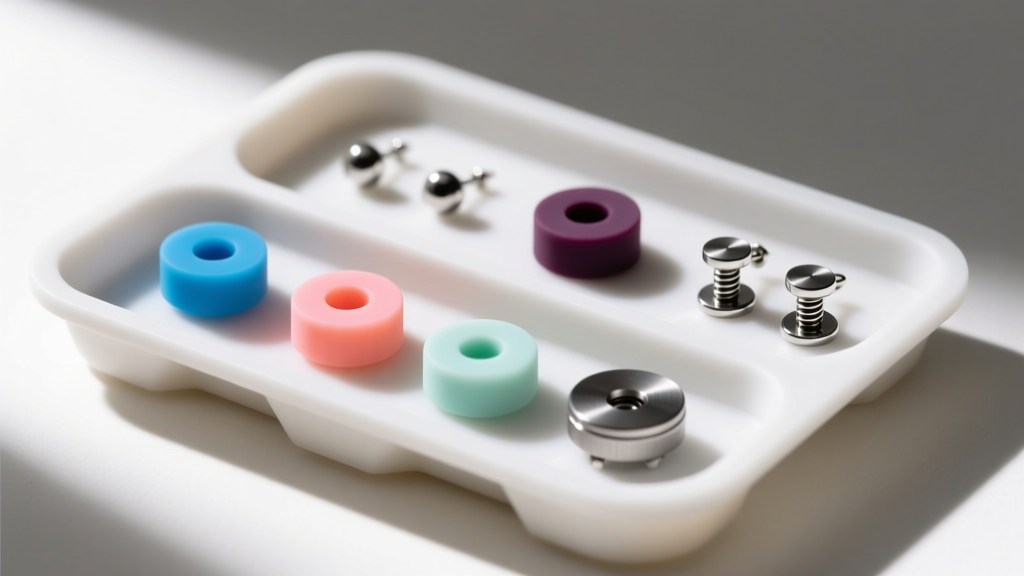 Silicone tray displaying various replacement silicone and metal friction backs designed specifically for small BB stud earrings.