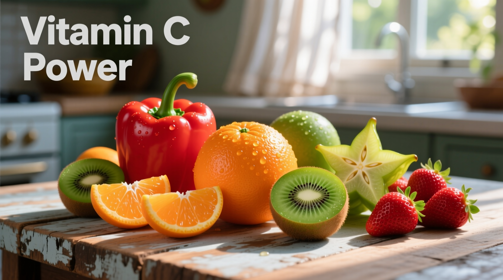 Colorful vitamin C rich foods on wooden table