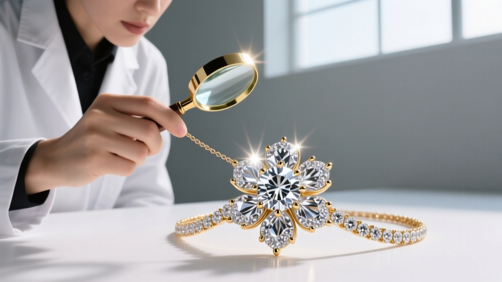 Jeweler inspecting a diamond flower pendant necklace, focusing on the micro-pavé setting and prongs holding the melee diamonds.