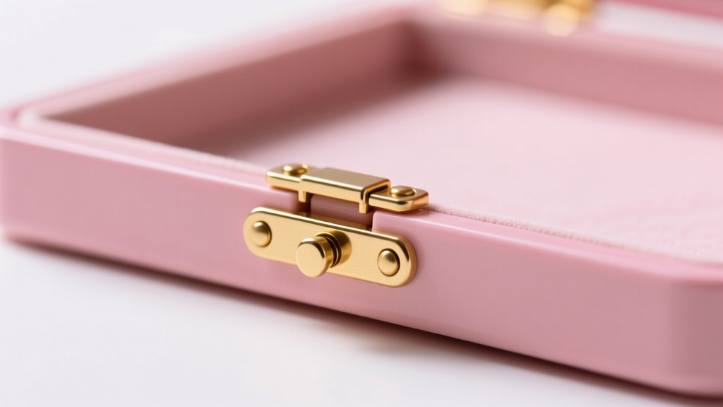 Macro shot of an ABS plastic snap latch on a pink jewelry box tray, highlighting the interlocking lip and brass hinge pins.
