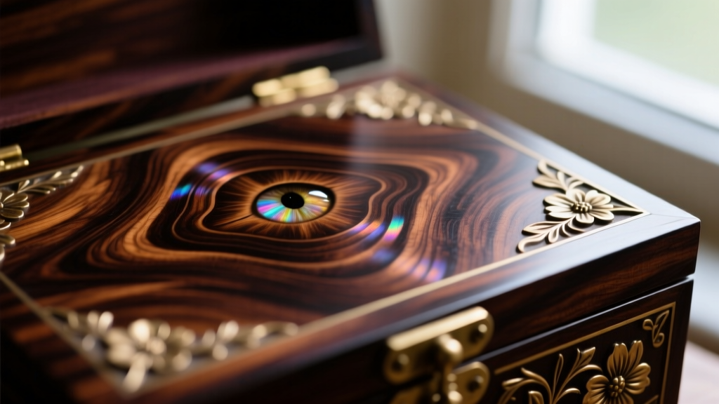 Macro shot of dark rosewood veneer on an antique jewelry box lid, highlighting intricate burl patterns and rich natural chatoyancy.