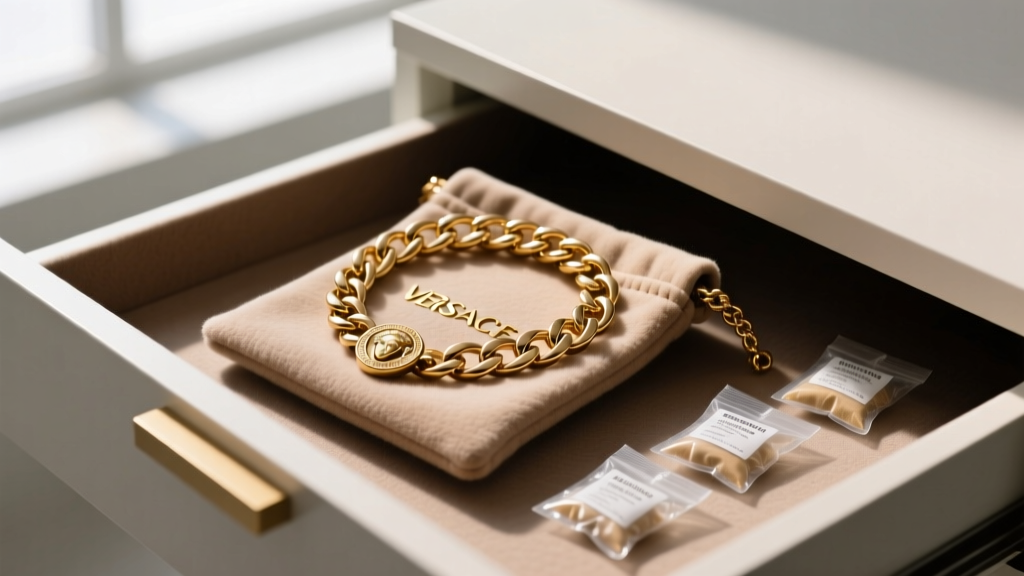 Jewelry drawer with a Versace chain necklace coiled inside an anti-tarnish flannel pouch next to small silica gel packets.