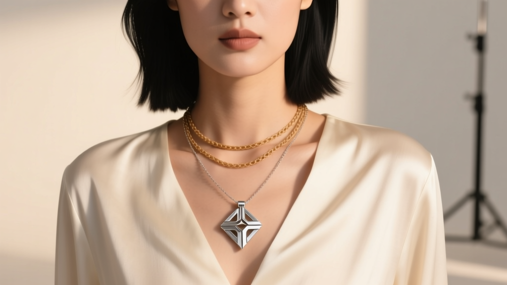 Model wearing layered necklaces featuring a modernist silver brooch pendant on a 24-inch wheat chain over cream silk blouse