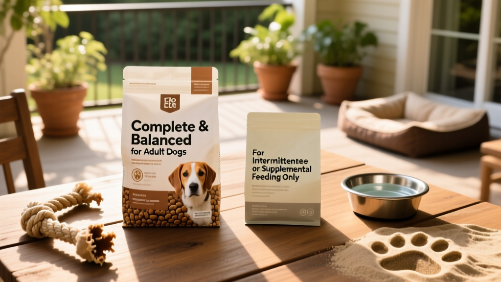 A side-by-side comparison of two dog food labels: one clearly marked 'Complete & Balanced for Adult Dogs' and another labeled 'For Intermittent or Supplemental Feeding Only'