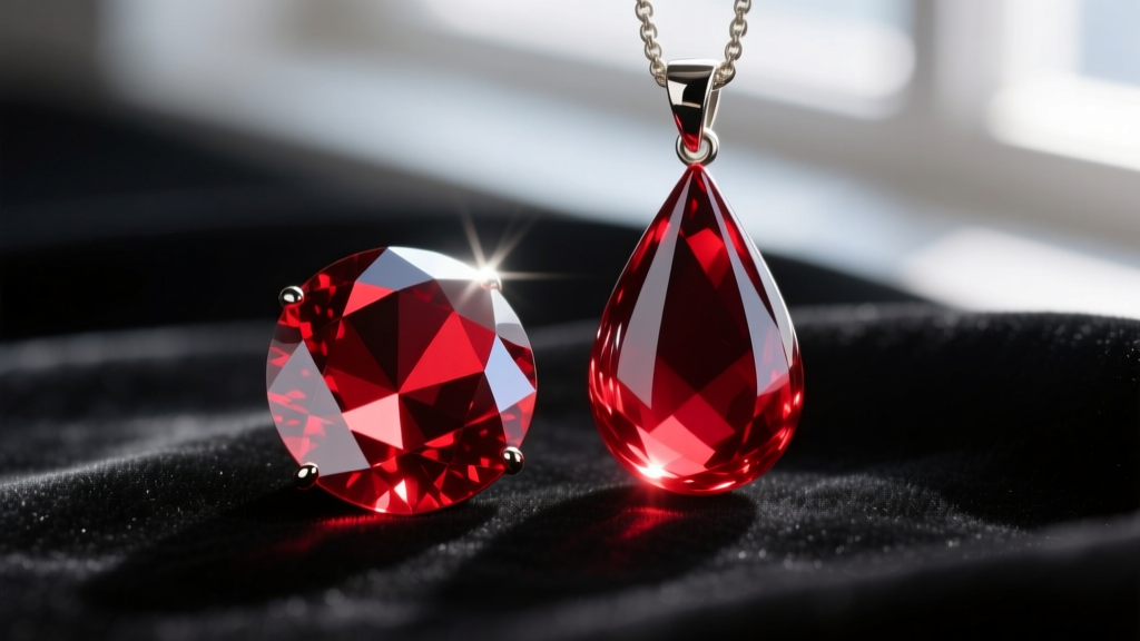 Macro view of a faceted red garnet next to a glossy resin blood drop pendant showing light refraction on velvet