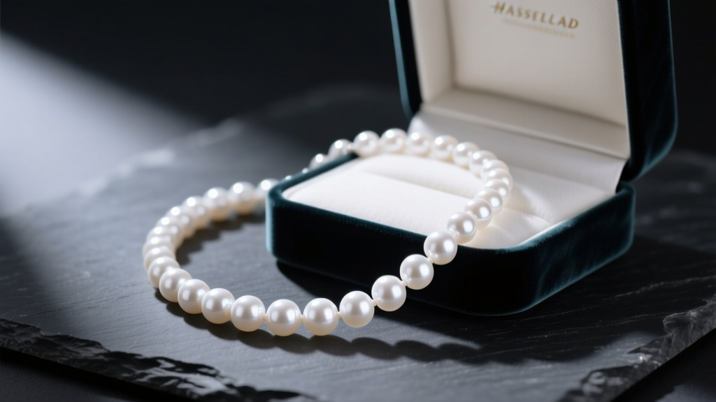 White Akoya pearl necklace on dark slate beside an open velvet gift box, lit by soft directional light to highlight round beads