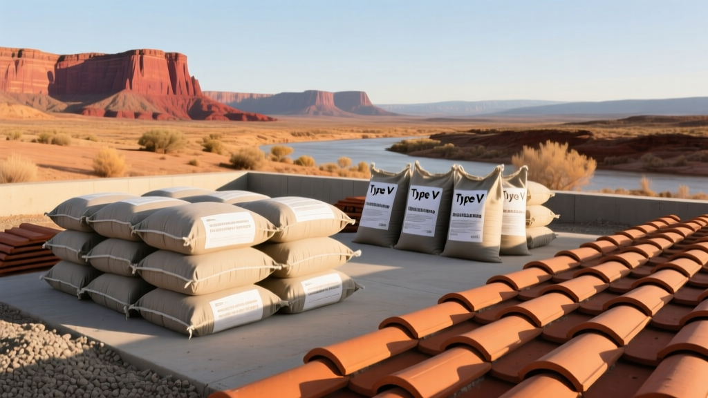 Type V Portland cement and terracotta clay roof tiles staged at a high-desert construction site near the Colorado River basin