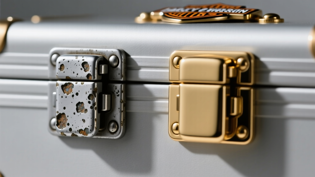 Macro shot of a Harley Davidson jewelry box zinc alloy latch showing pitting next to a polished solid brass latch for comparison