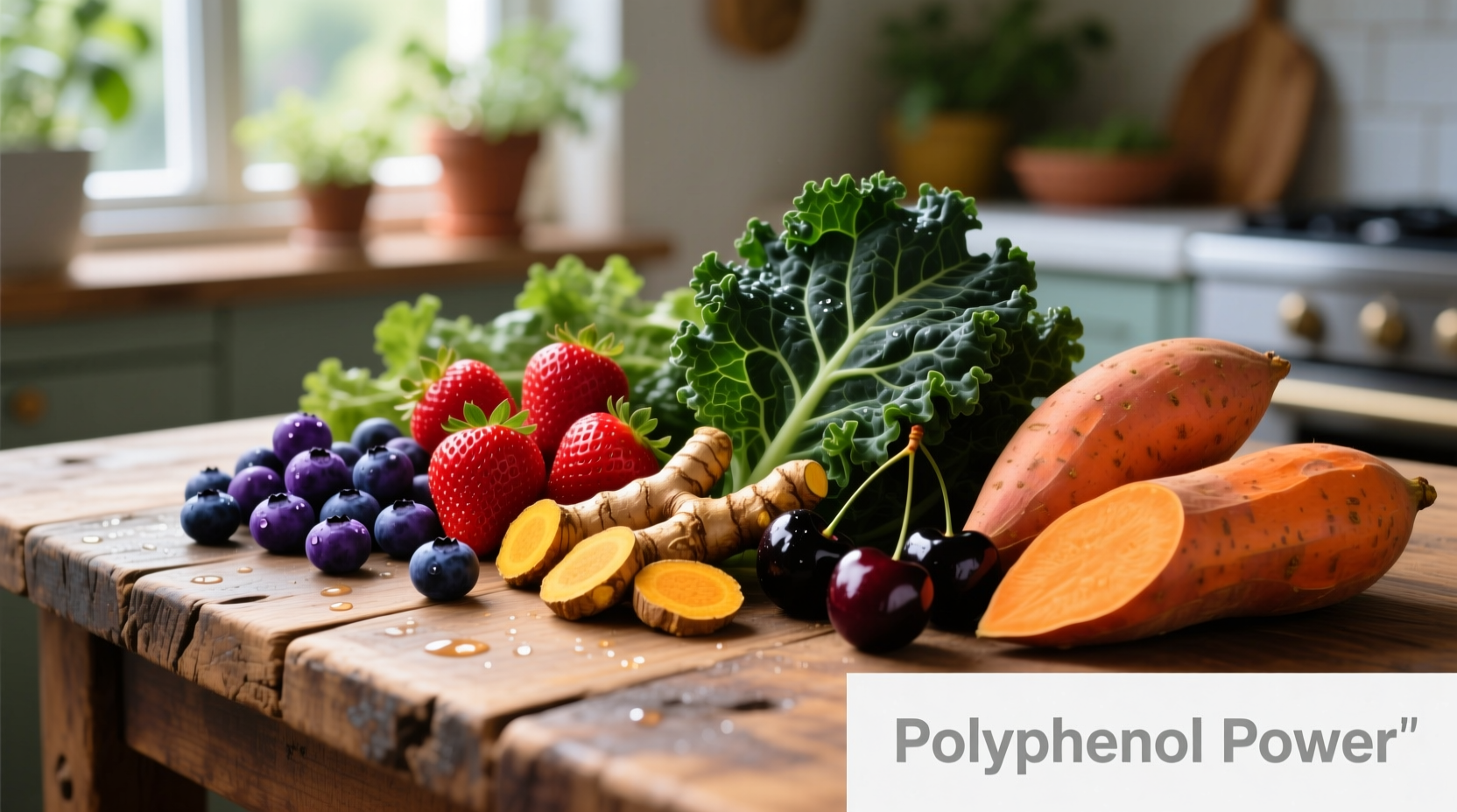 Colorful assortment of polyphenol-rich foods on wooden table