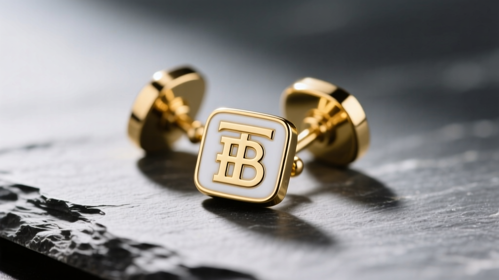 Gold-tone Burberry TB monogram studs on slate, highlighting white enamel inlay and precise metal edges in soft light.
