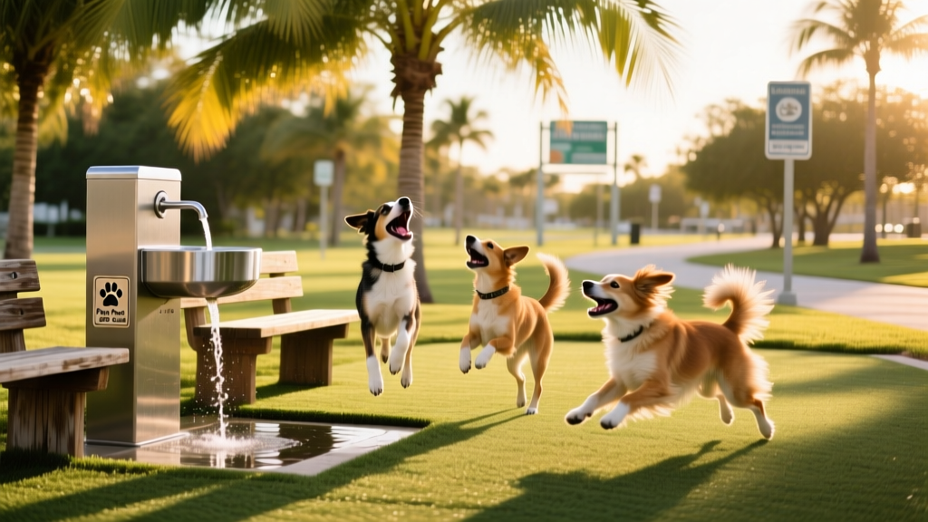 Dogs playing fetch on soft rubberized turf under shady palm trees, with visible paw-washing station and benches nearby