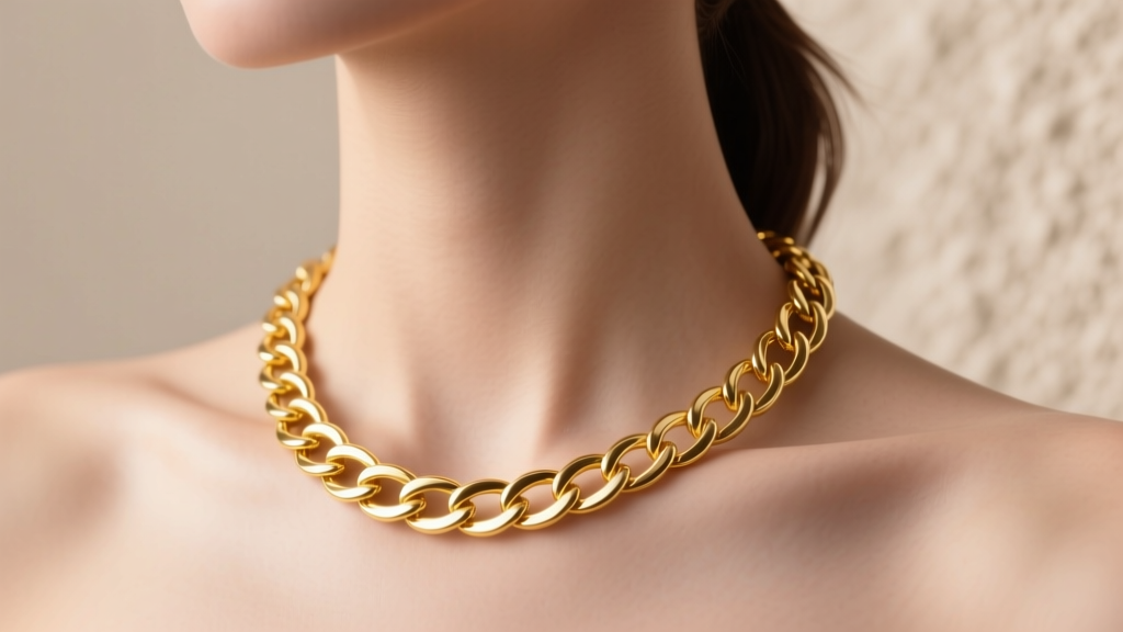18k yellow gold French mesh chain necklace draping over a collarbone, showcasing its tightly woven, scale-like link structure