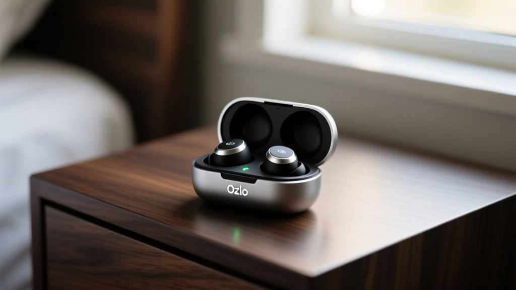 Close-up macro shot of the Ozlo Sleepbuds resting in their ultra-compact magnetic charging case on a dark oak nightstand.