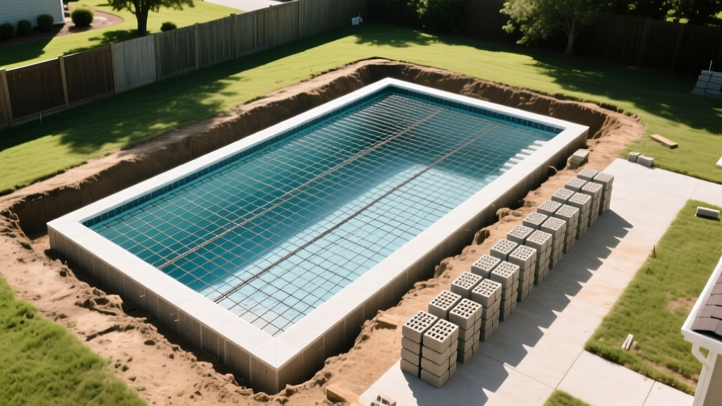 Aerial view of excavated rectangular backyard with steel rebar grid for a gunite inground swimming pool next to stacked pavers.