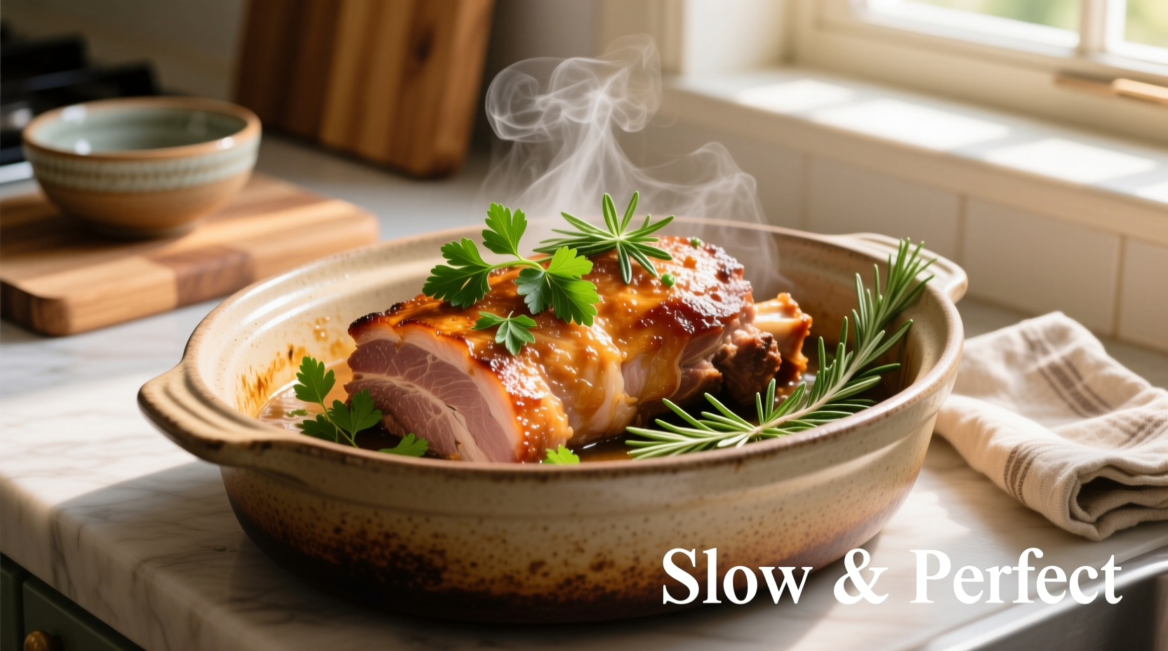 Perfectly cooked slow cooker pork loin with herb garnish