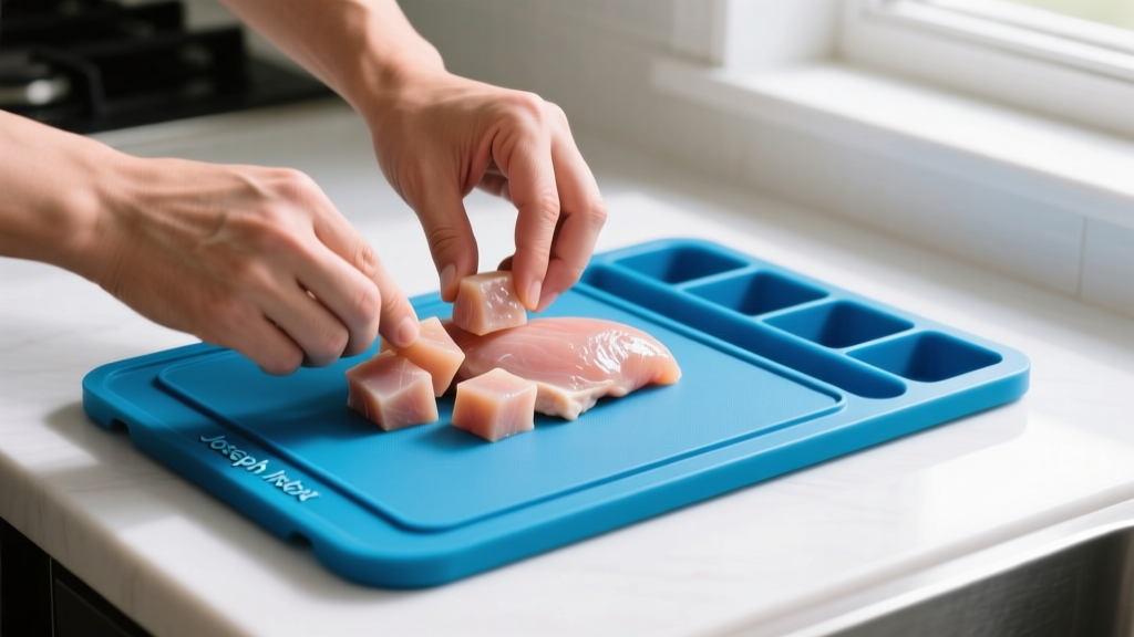 Hands placing diced chicken breast onto a color-coded blue plastic Joseph Joseph Index cutting board designed for raw meat prevention