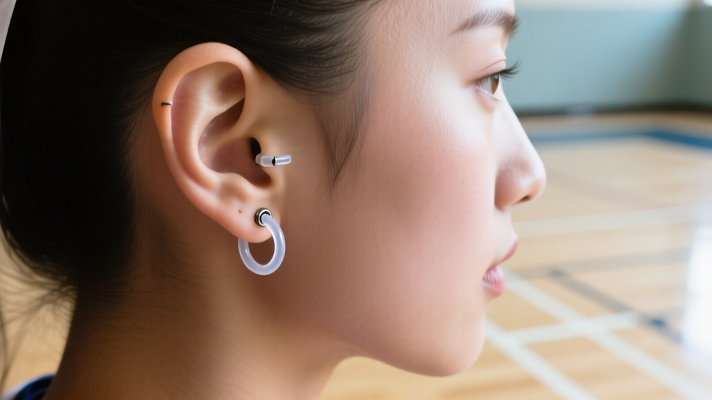 Side profile of a cheerleader ear showing a flexible PTFE bioflex retainer in a healed helix piercing, highlighting stunt safety.