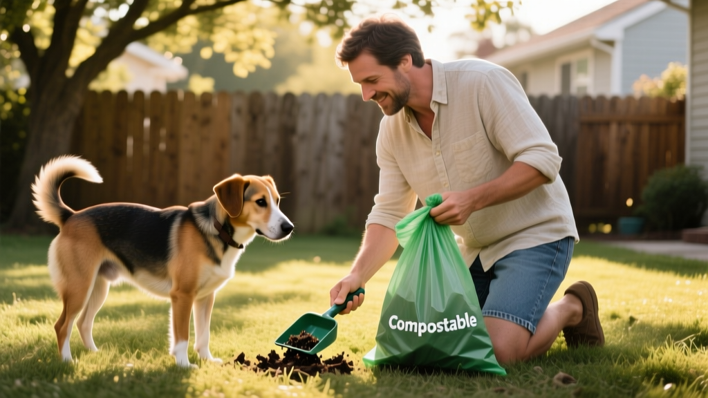 Dog owner scooping dog waste in a backyard using a biodegradable bag, illustrating responsible sanitation practice