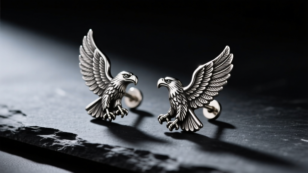 Oxidized silver eagle stud earrings showing intricate feather details on dark slate with dramatic side lighting