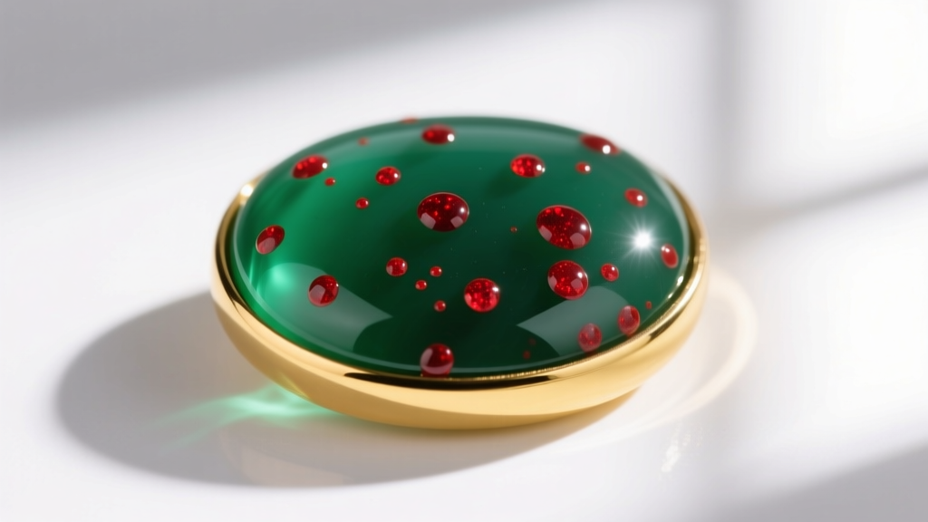 Macro shot of polished bloodstone cabochon in yellow gold bezel, showing vibrant green body with distinct red hematite spots.